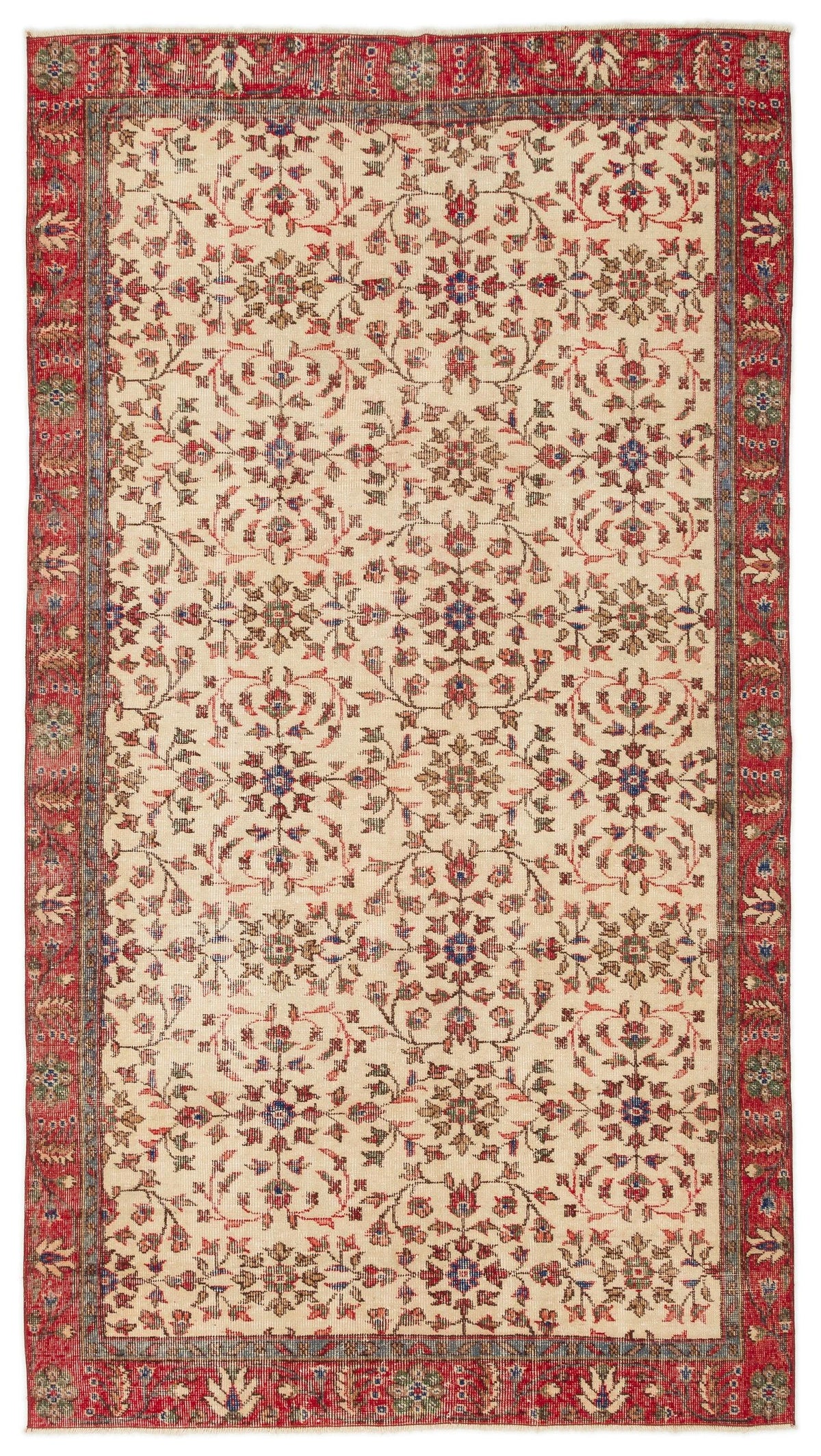 Cream rug with a red floral medallion pattern and a wide red border, isolated on a white background.