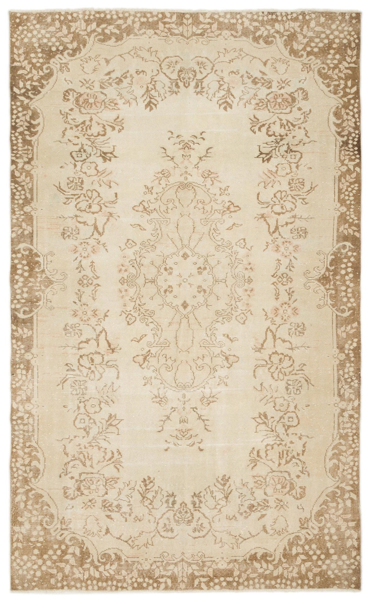 Beige and tan vintage-style rug with a central floral medallion and ornate botanical border on a white background.