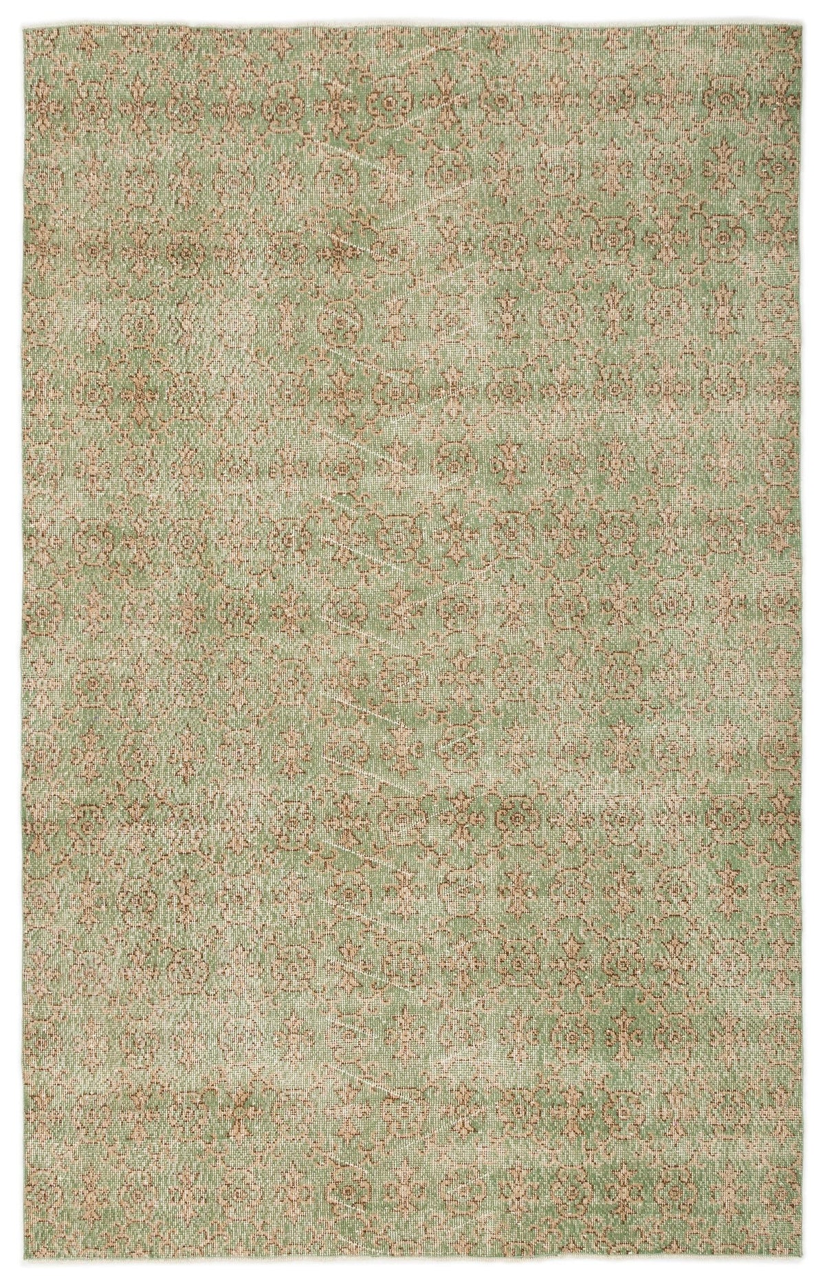Sage green and beige rug with a repeating distressed floral medallion pattern on a white background.