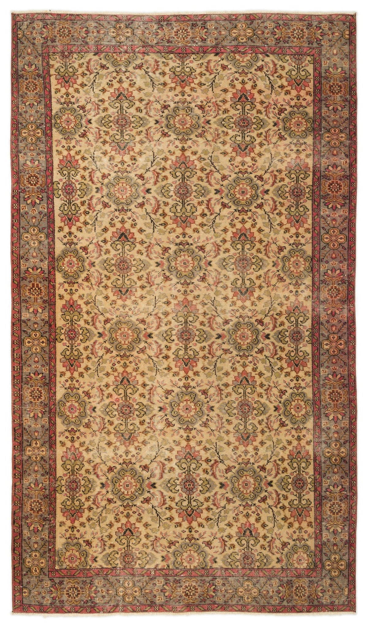 Beige traditional rug with a repeating floral medallion pattern in muted red, green, and grey, featuring a wide border.