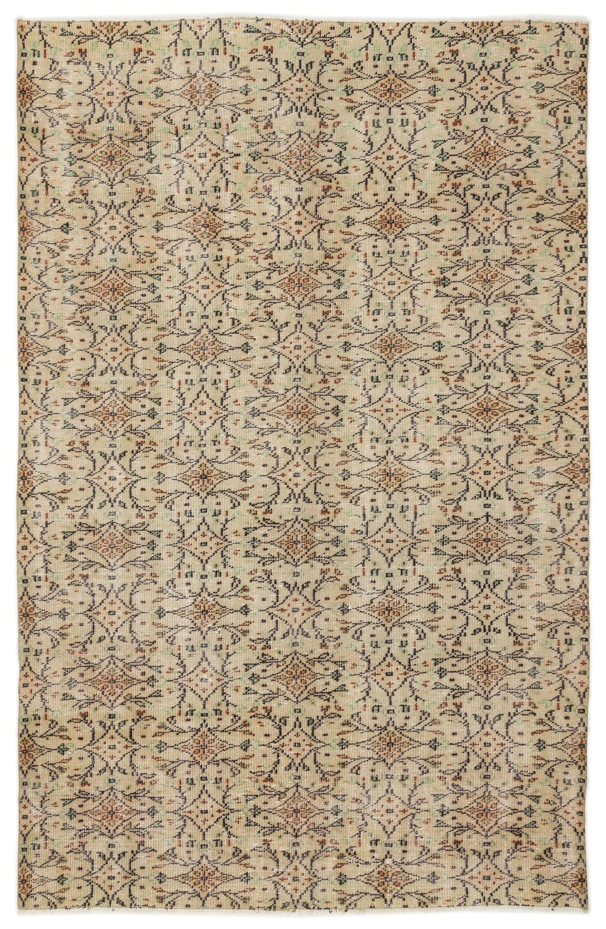 Beige rug with a repeating brown and sage green floral medallion pattern in a distressed, vintage-inspired style.