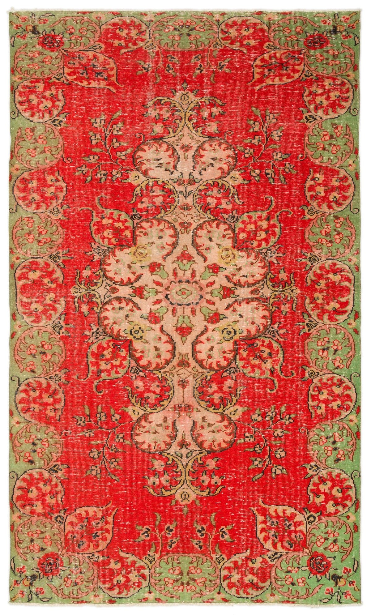 Red and green vintage-style rug with a central floral medallion and a repeating circular border pattern.