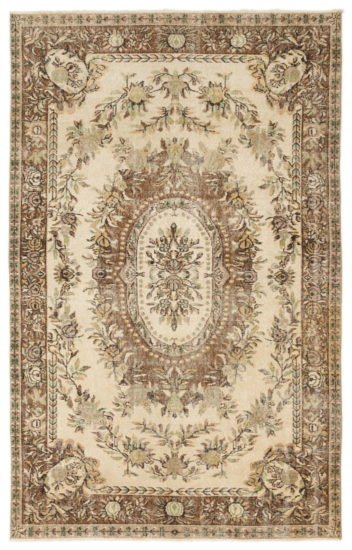 Beige and brown traditional rug with a central floral medallion and ornate botanical border.