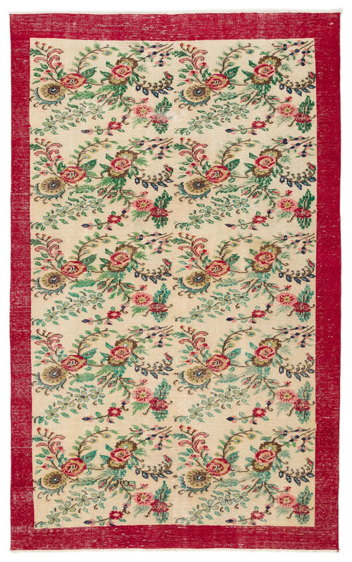 Load image 1 in gallery view. Cream rug with a repeating floral pattern in red, green, and blue, featuring a solid red border.
