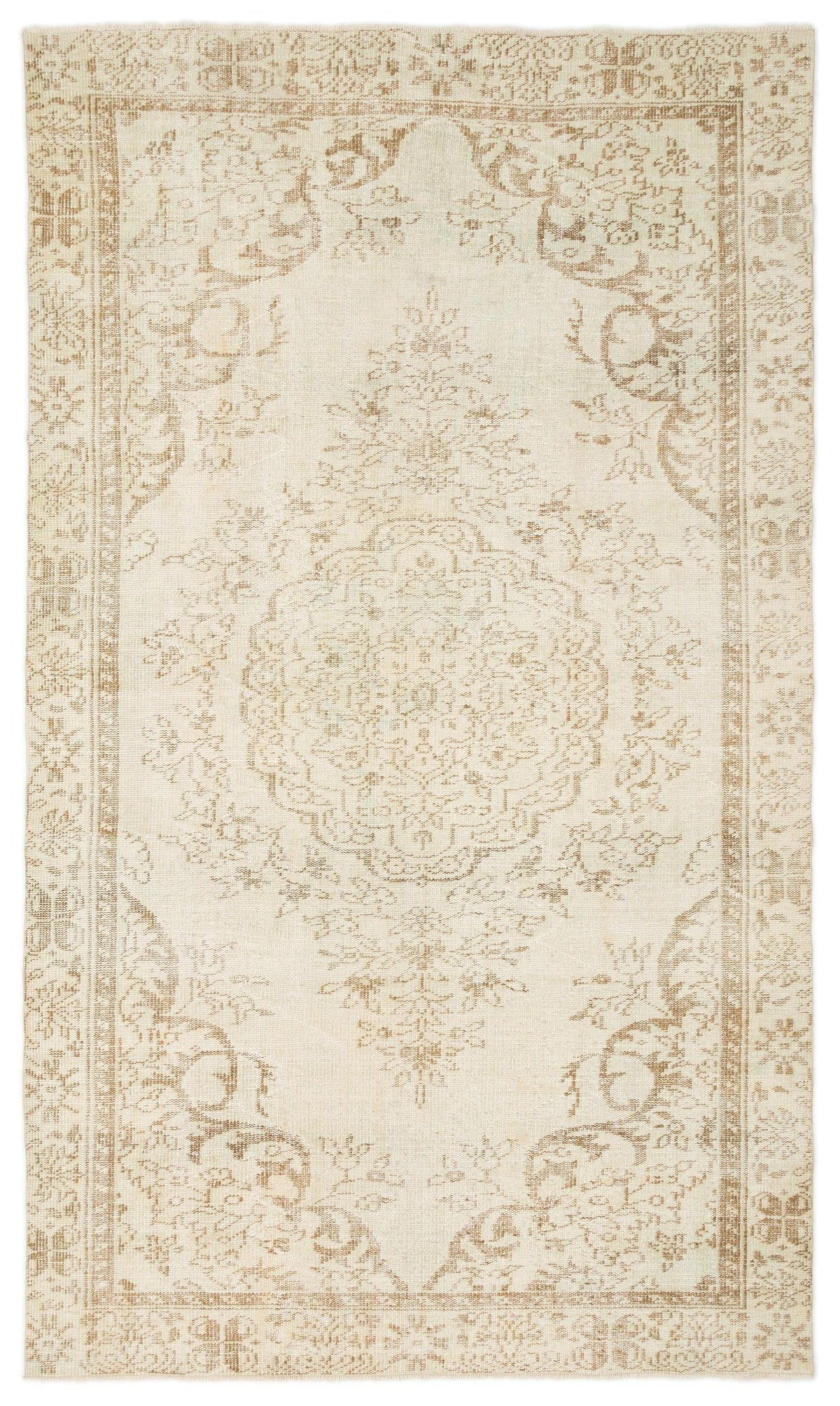 Cream and beige vintage-style rug with a central floral medallion and a decorative border.