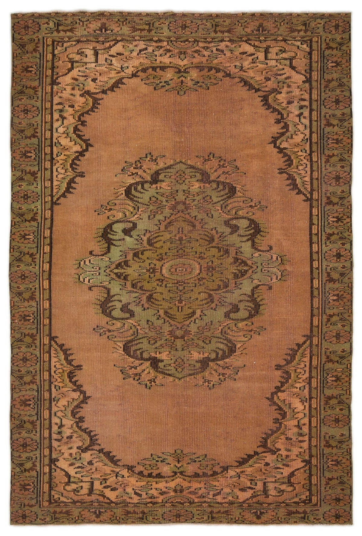 Rust-colored traditional rug with a central olive green floral medallion and a decorative border on a white background.