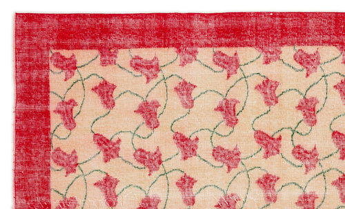 Load image 1 in gallery view. Cream rug with a red border and a repeating pattern of red floral motifs connected by thin green vines.