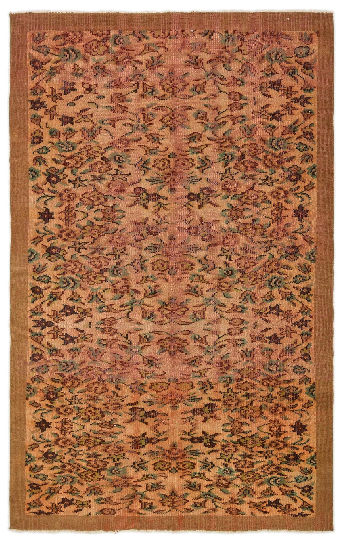 Terracotta and brown vintage-style rug with an all-over floral pattern and a solid border.