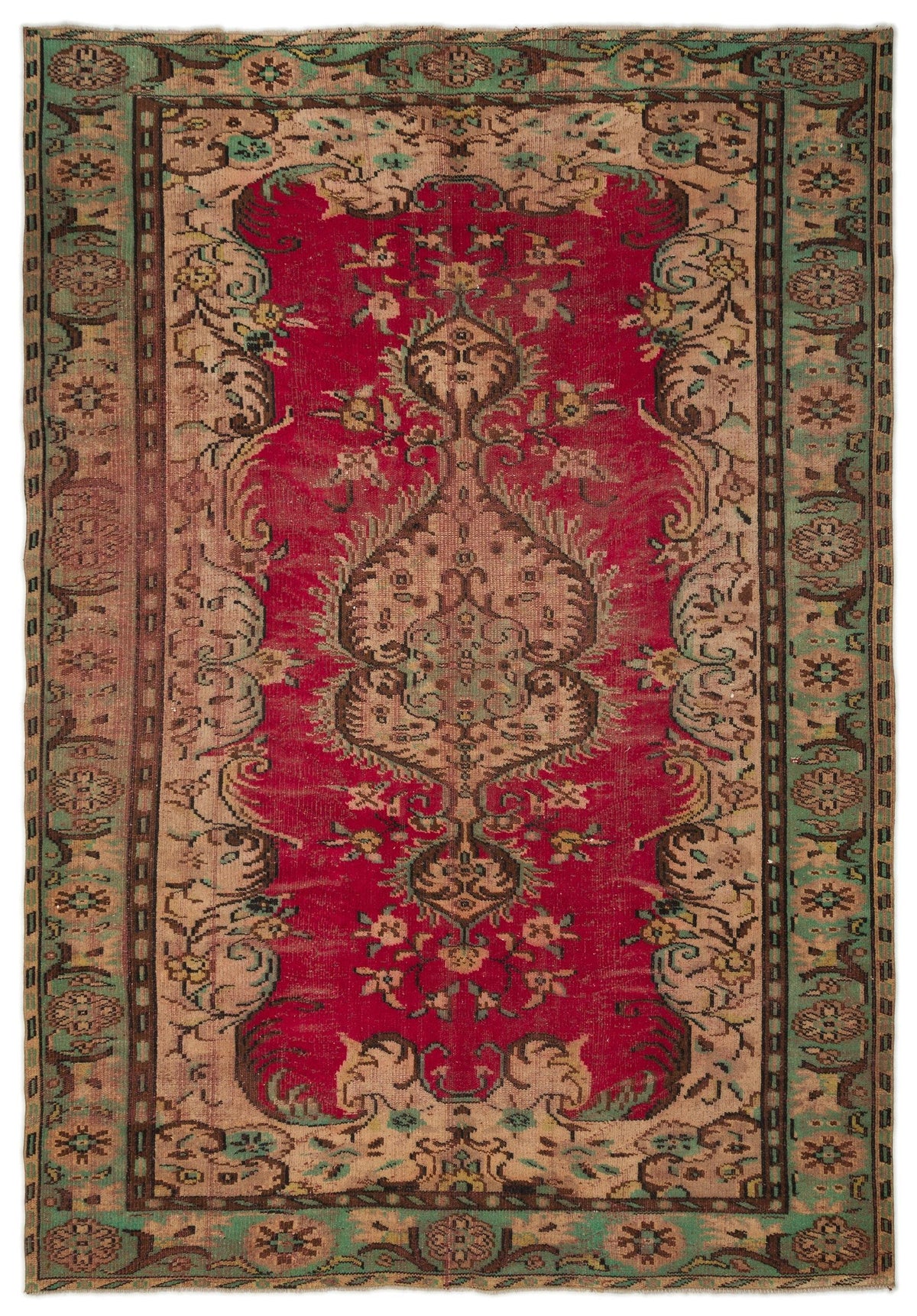 Red and beige vintage-style rug with a central floral medallion and a green decorative border.