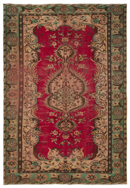 Load image 1 in gallery view. Red and beige vintage-style rug with a central floral medallion and a green decorative border.