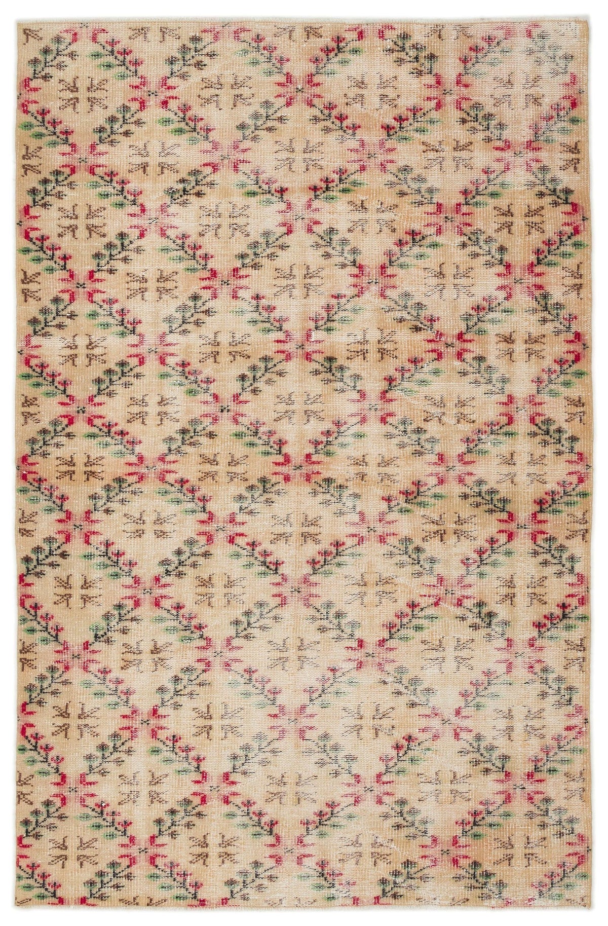 Beige vintage-style rug with a repeating diamond lattice pattern featuring small red and green floral motifs.