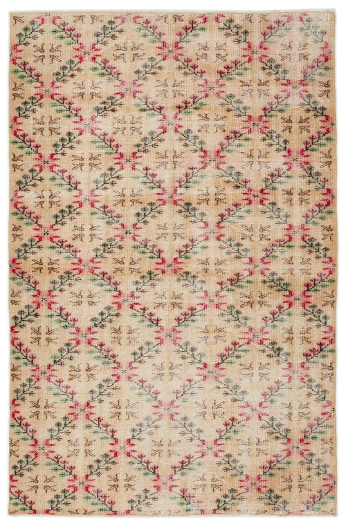 Load image 1 in gallery view. Beige vintage-style rug with a repeating diamond lattice pattern featuring small red and green floral motifs.