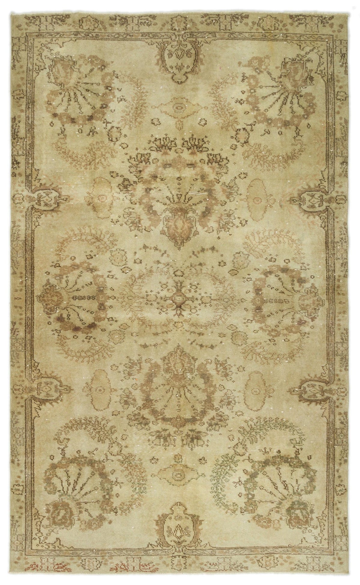 Beige and brown vintage-style rug with a distressed floral medallion pattern and a decorative border.