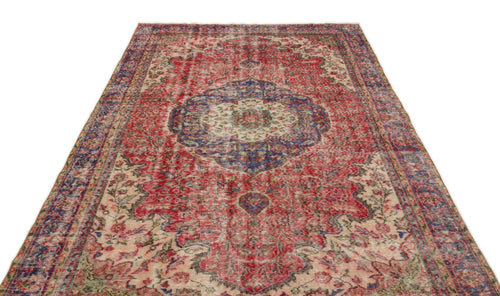 Load image 1 in gallery view. Distressed red and blue vintage-style rug with a central floral medallion and ornate border on a white background.