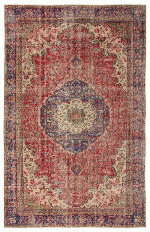 Load image 1 in gallery view. Distressed red, blue, and cream traditional rug with a central floral medallion and ornate border.