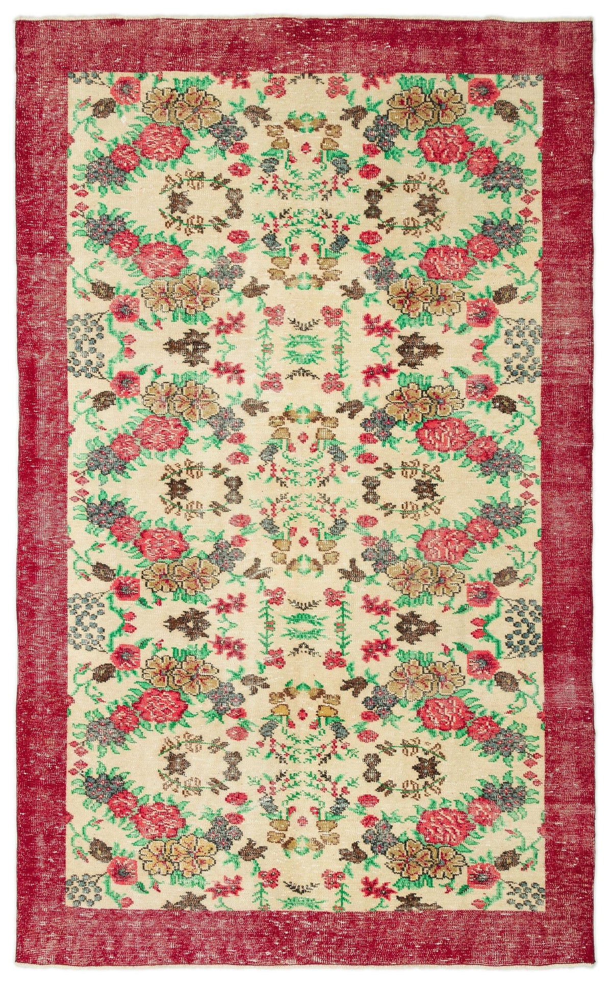 Cream rug with a red border and a repeating floral pattern in red, green, and brown on a white background.