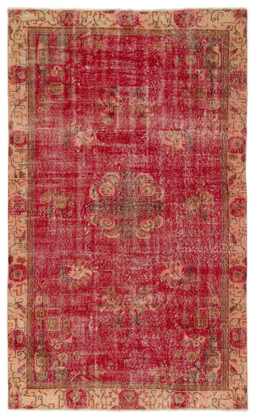Load image 1 in gallery view. Distressed red vintage-style rug with a central floral medallion and a beige border featuring repeating floral motifs.