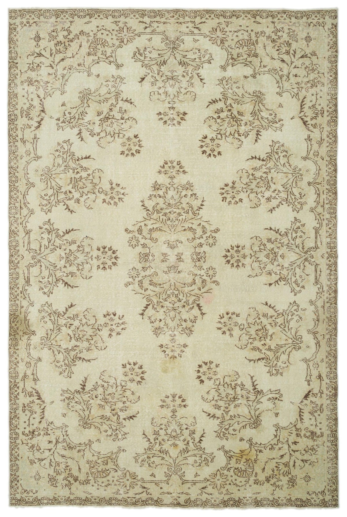 Beige and brown distressed rug with a central floral medallion and repeating botanical motifs within a decorative border.