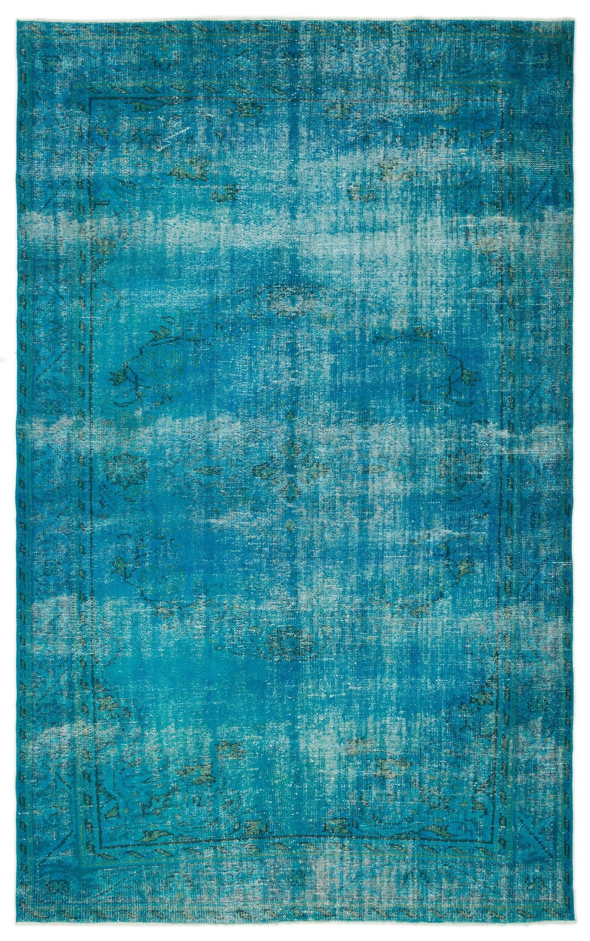 Bright turquoise distressed rug with a faded traditional medallion pattern and a thin border.