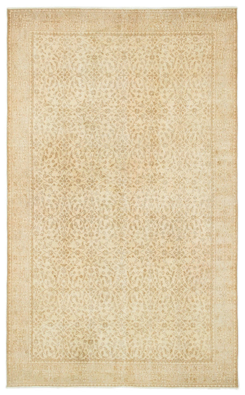 Load image 1 in gallery view. Beige and tan vintage-style rug with a faded, intricate floral medallion pattern and a decorative border.