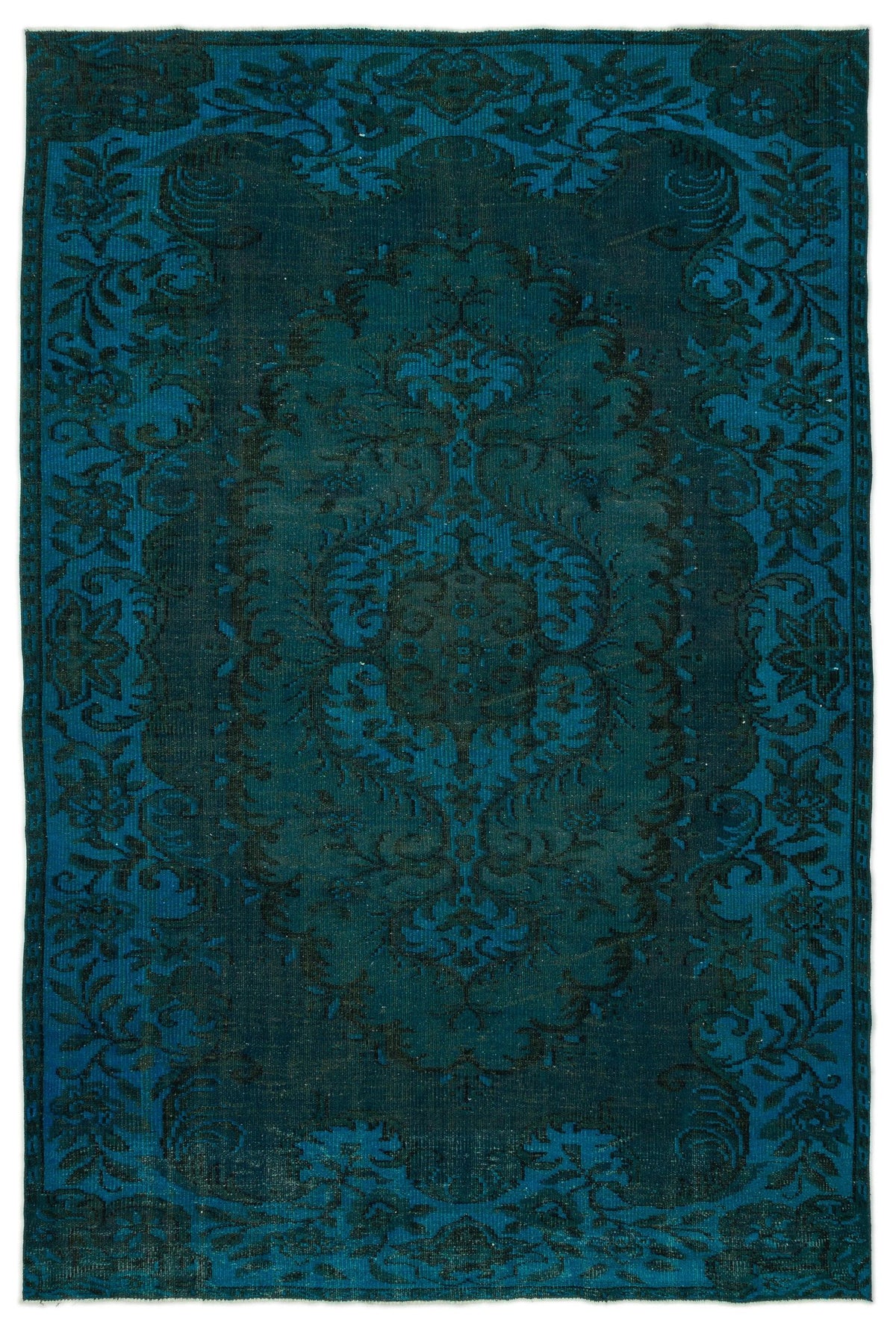 Teal and black traditional rug with a distressed floral medallion pattern and ornate border.