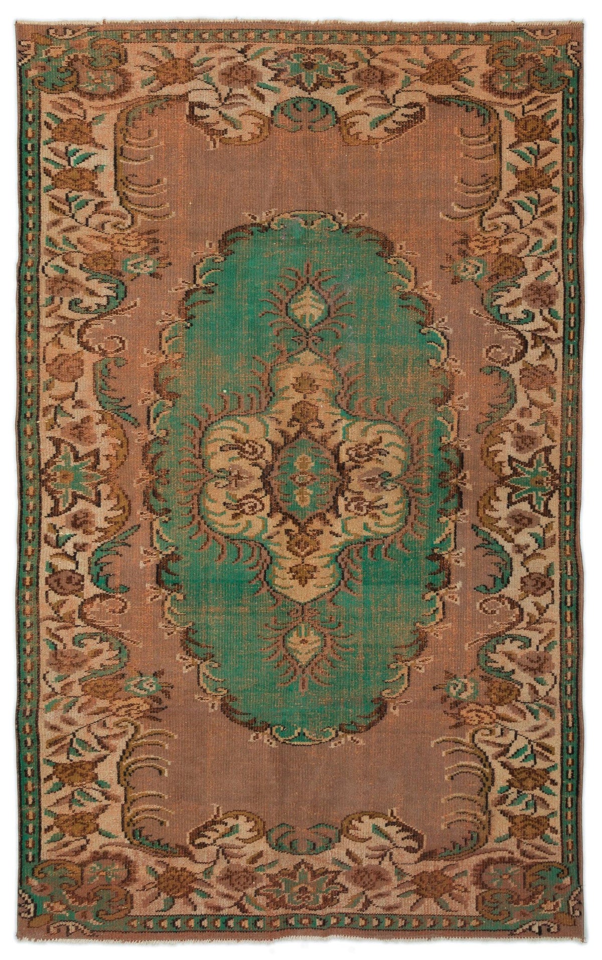 Distressed brown and green vintage-style rug with a central floral medallion and ornate border pattern.