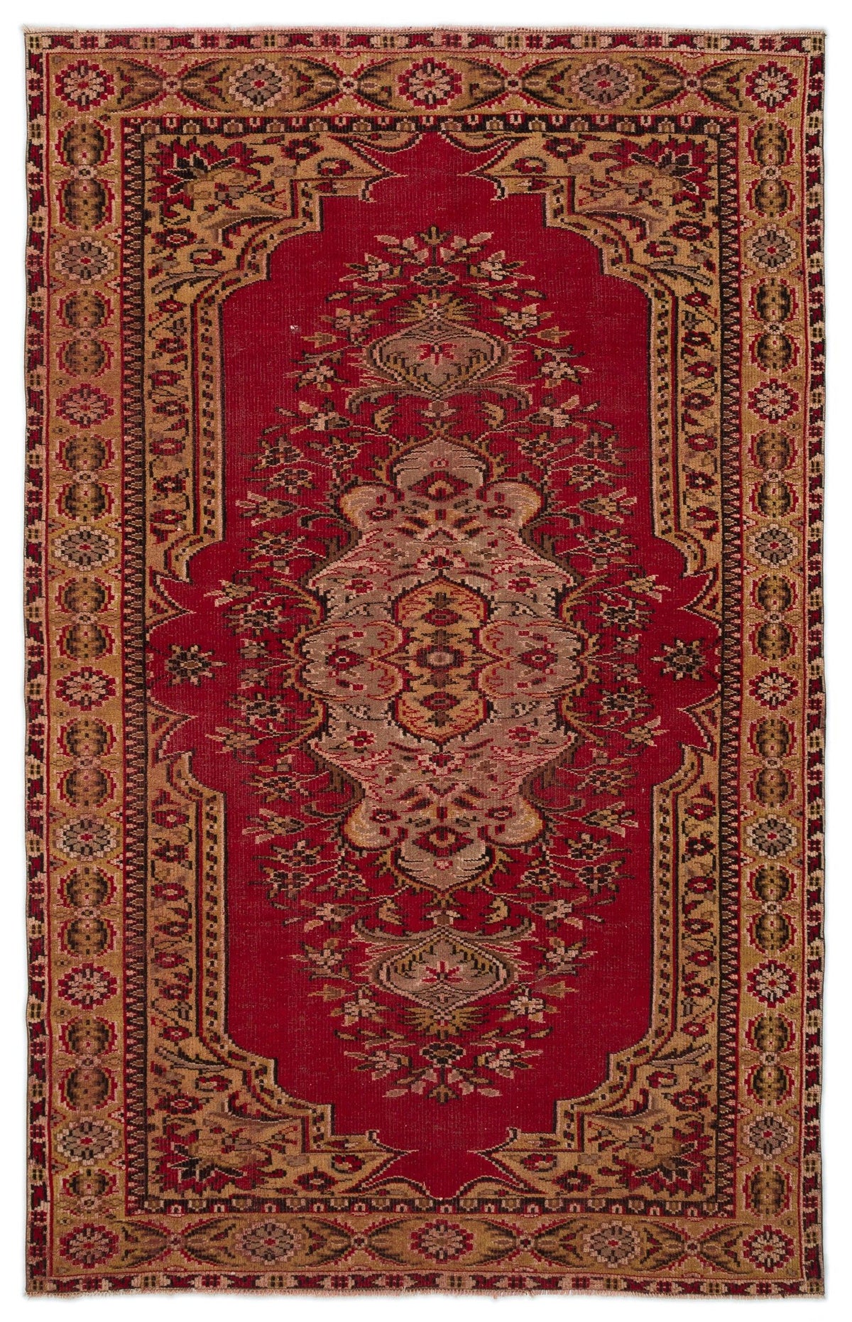 Red and tan traditional rug with a central floral medallion and intricate geometric border patterns.