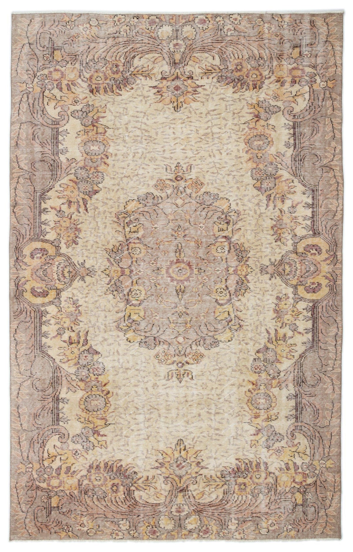 Beige and taupe traditional rug with a distressed floral medallion pattern and ornate border on a white background.