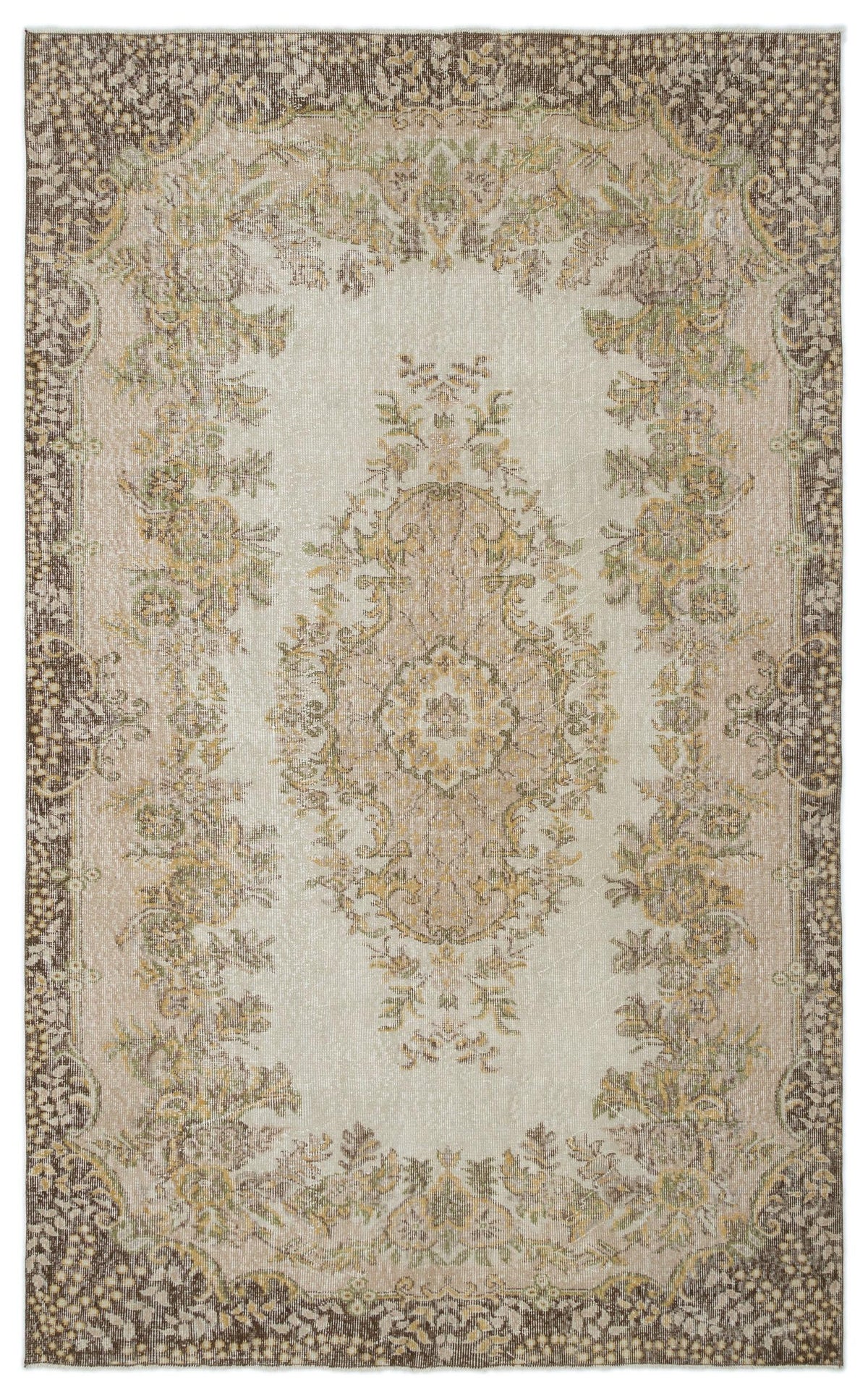 Distressed beige and brown traditional rug with a central floral medallion and ornate border on a white background.