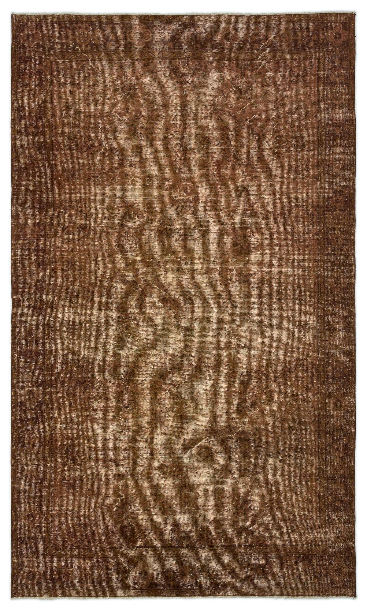 Dark brown distressed traditional rug with a faded central medallion and ornate border.