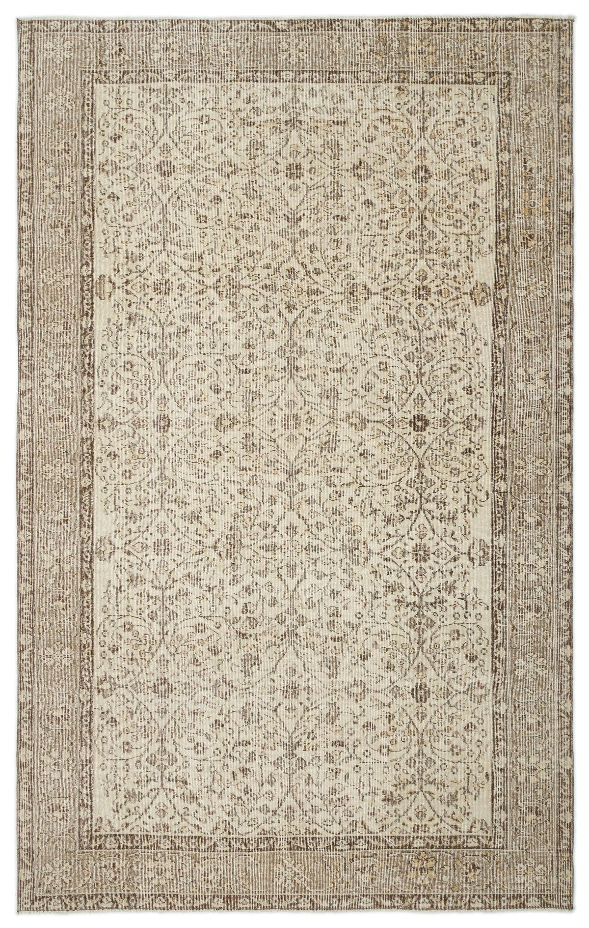 Beige and brown traditional rug with a distressed floral medallion pattern and a wide decorative border.