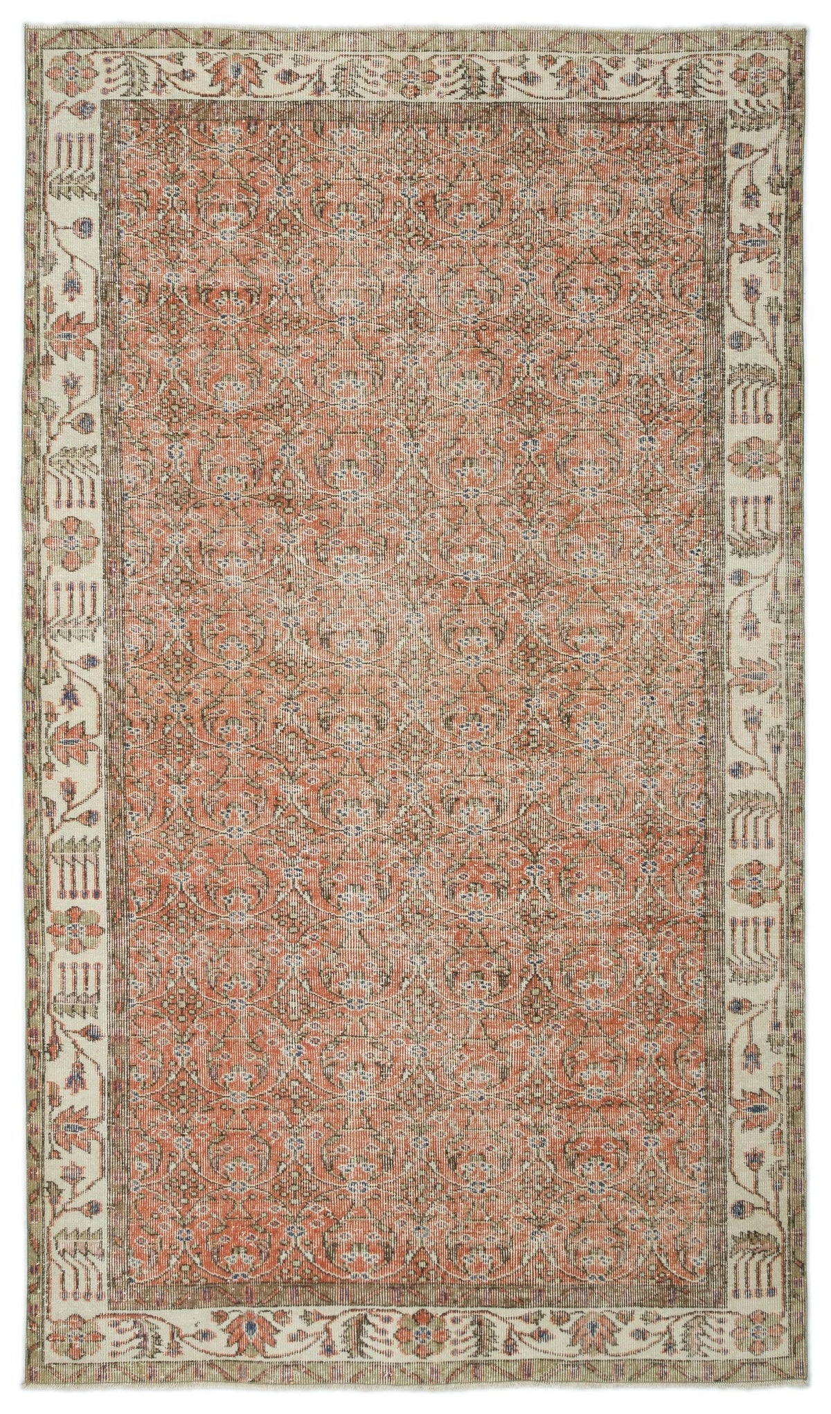Terracotta and cream vintage-style rug with an all-over floral medallion pattern and a wide decorative border.