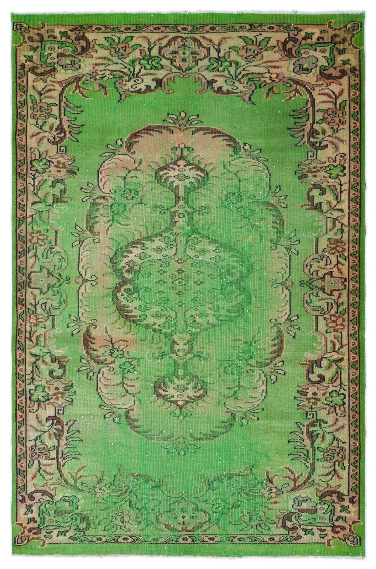 Bright green vintage-style rug with a central floral medallion and ornate border in muted brown and tan tones.