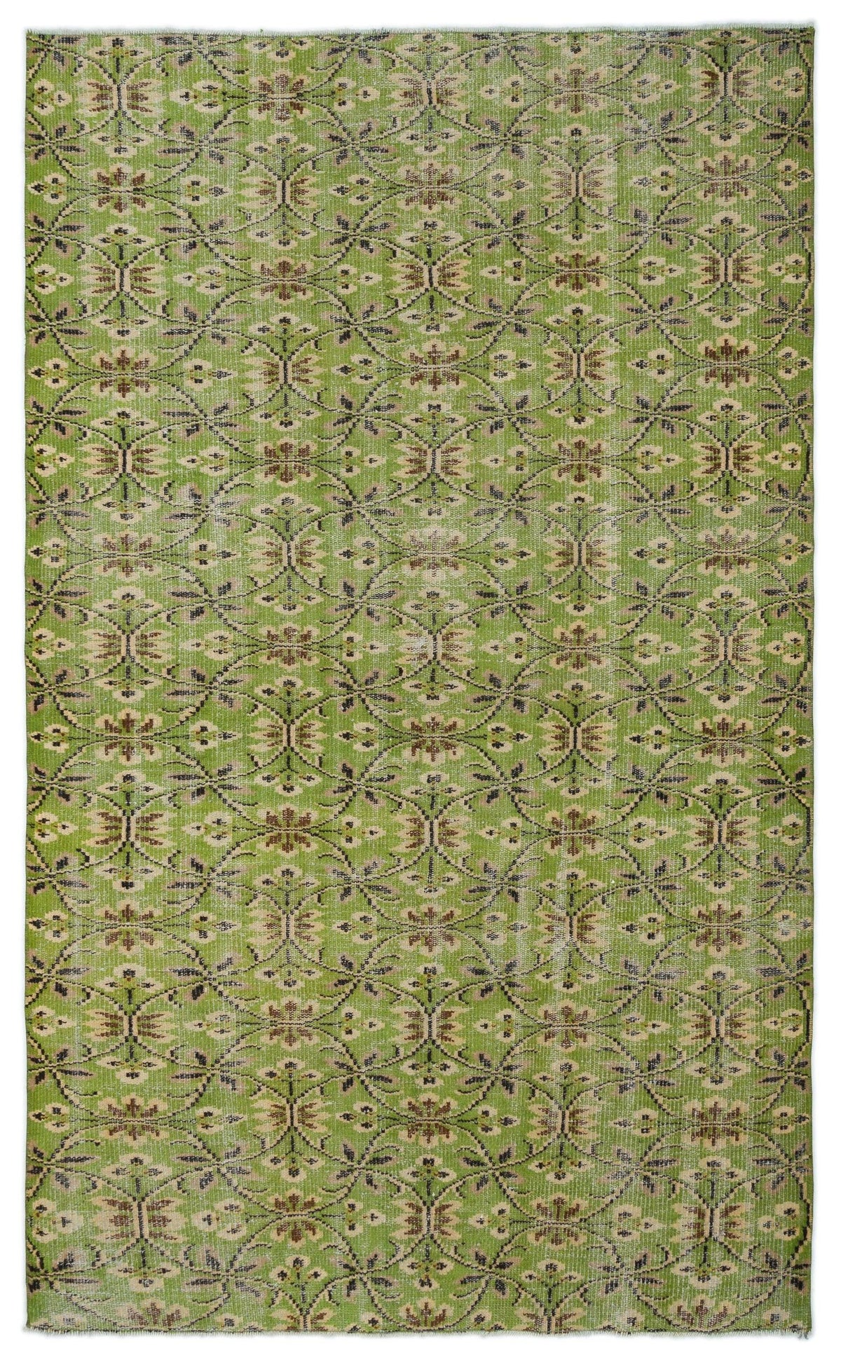 Sage green rug with a repeating dark brown and cream floral trellis pattern and a distressed, vintage-style finish.