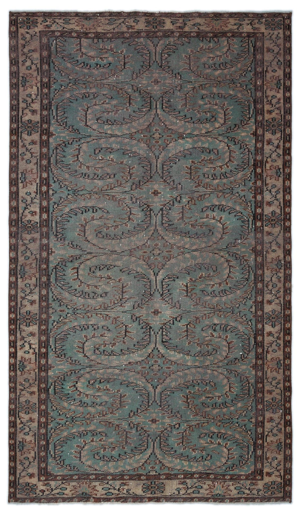 Teal and brown vintage-style rug with a repeating scrolled floral pattern and a decorative geometric border.