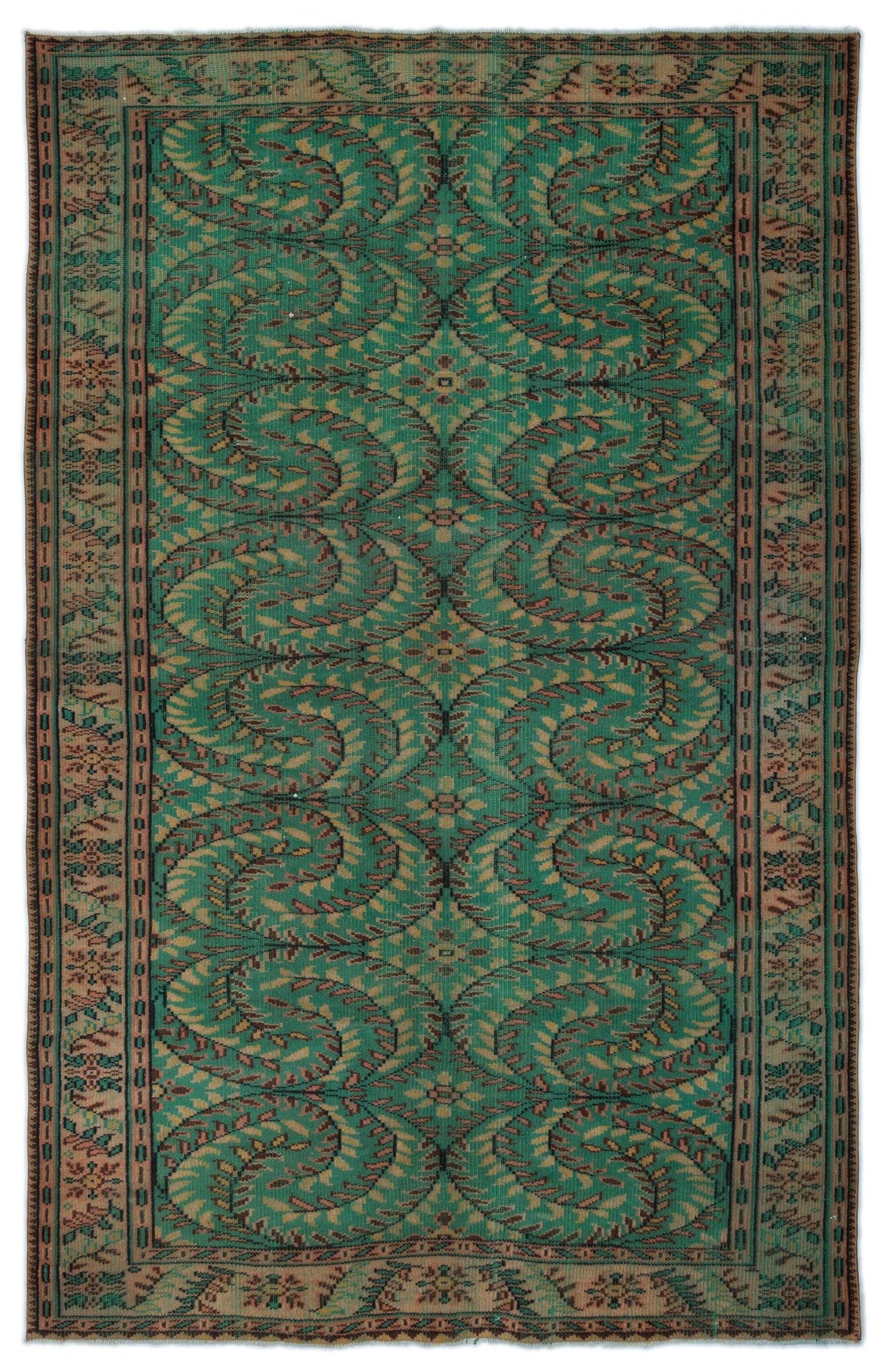 Emerald green vintage rug with a repeating dark brown paisley-inspired swirl pattern and a decorative floral border.