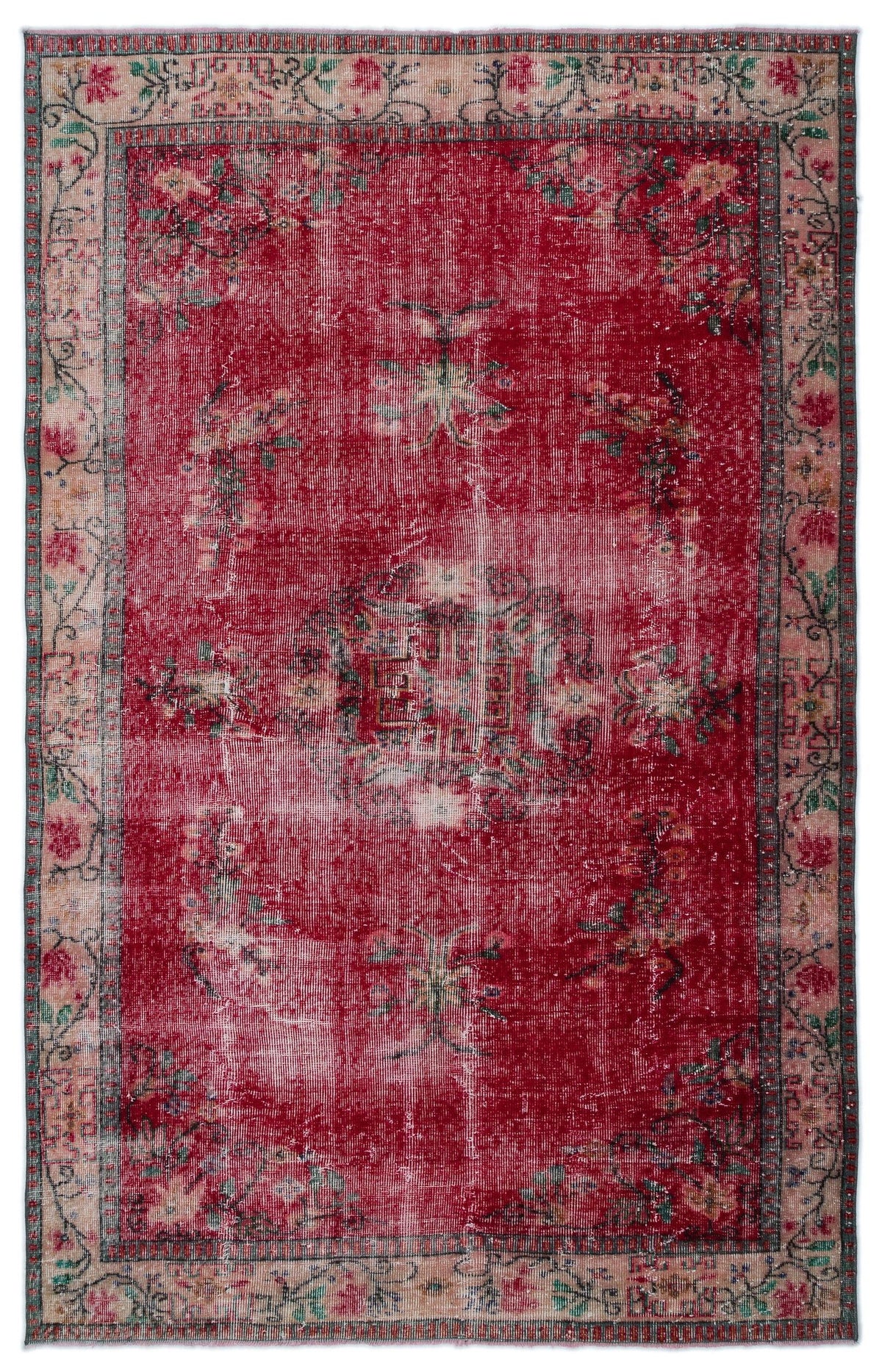 Distressed red vintage-style rug with a central floral medallion and a beige border featuring green and pink floral motifs.