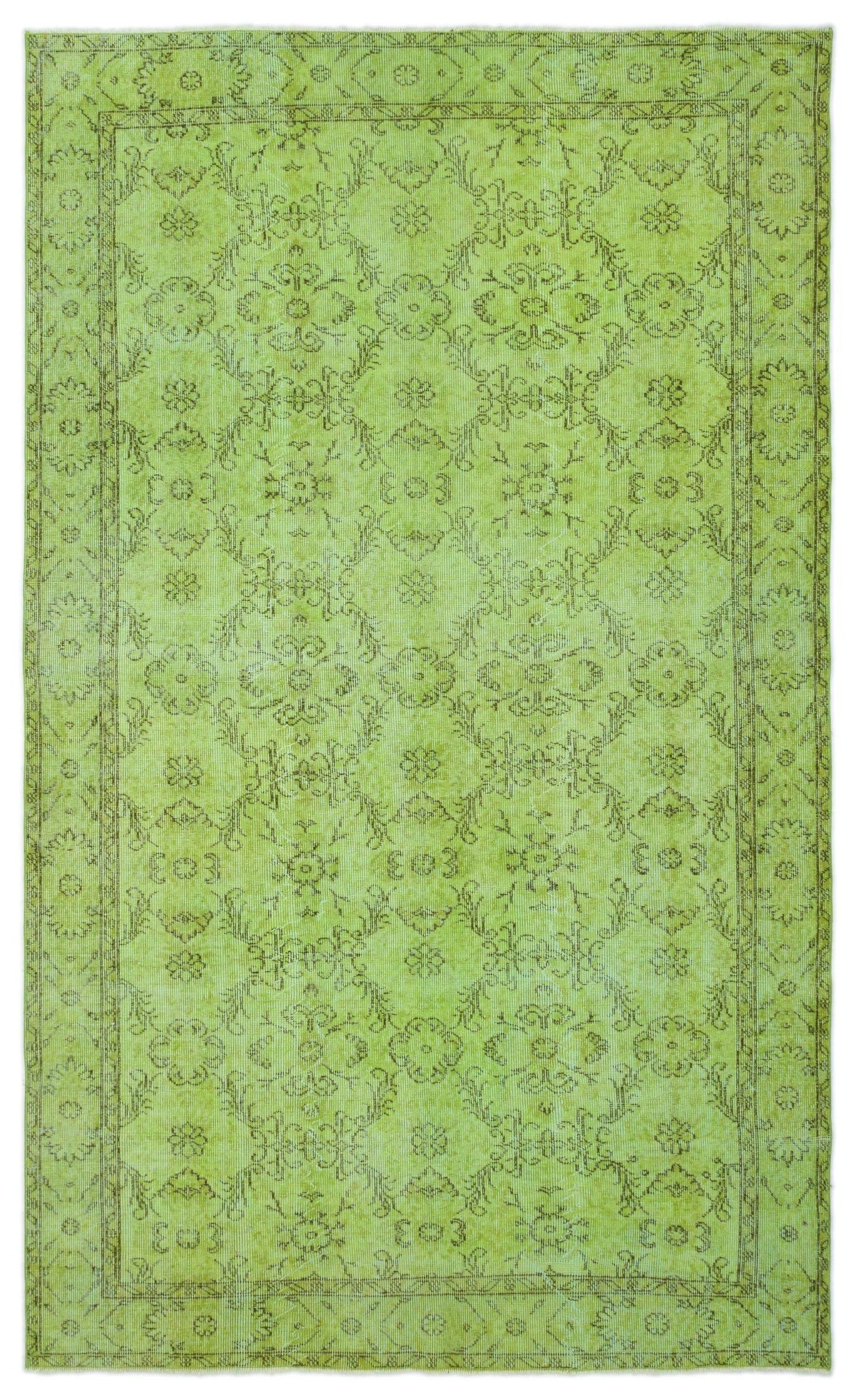 Lime green rug with a distressed, dark olive floral medallion pattern and a traditional border.
