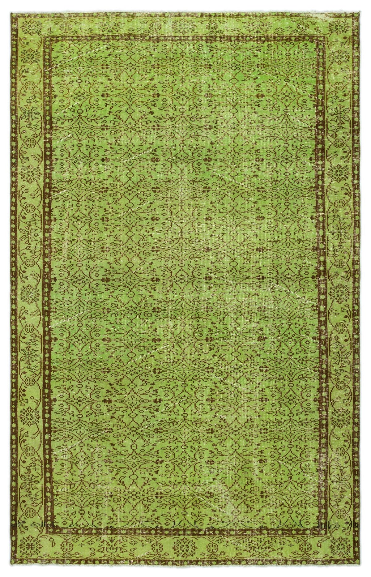 Lime green and brown vintage-style rug with an intricate floral medallion pattern and a decorative border.