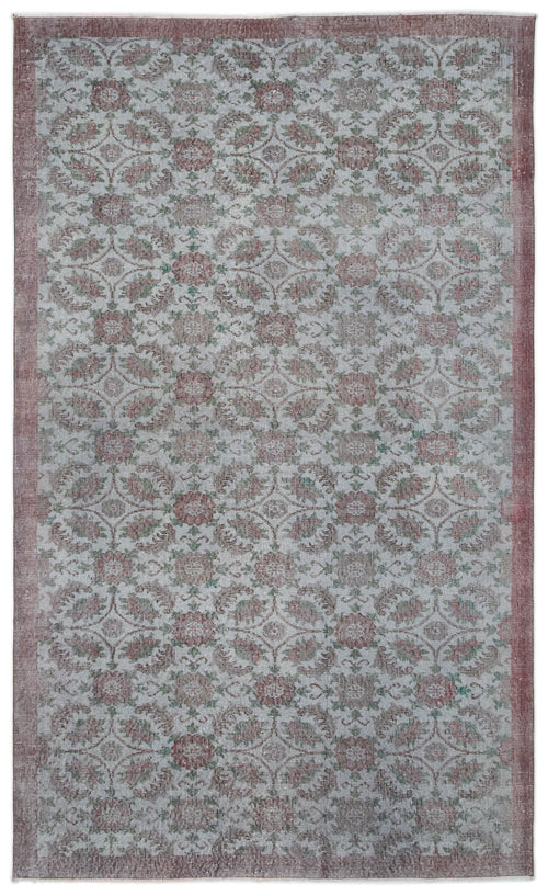 Load image 1 in gallery view. Distressed grey rug with a repeating floral medallion pattern in muted red and green, featuring a solid red border.