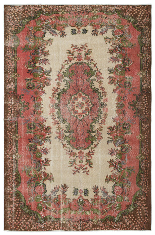 Load image 1 in gallery view. Distressed vintage-style rug with a central floral medallion, featuring red, green, and brown tones on a cream field.