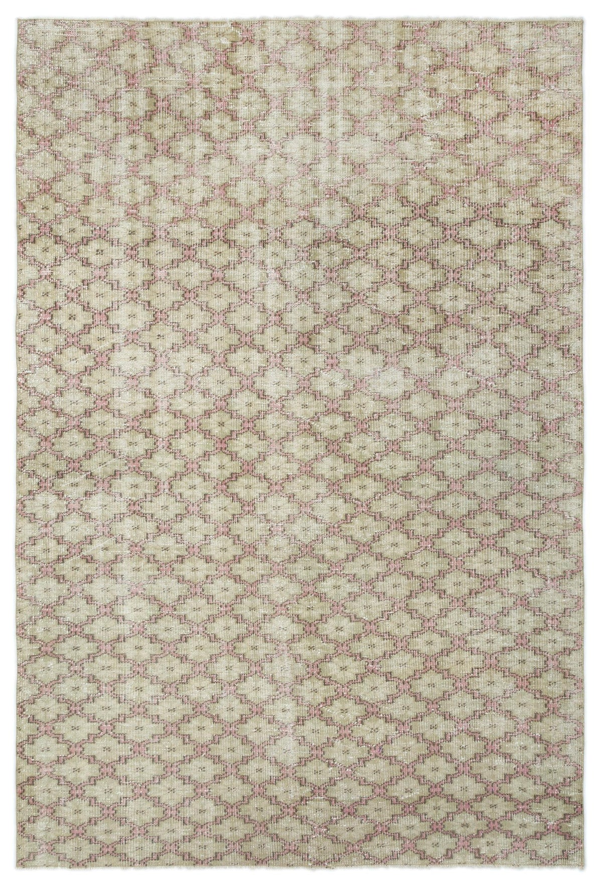 Beige and muted pink distressed rug with a repeating geometric diamond lattice pattern.