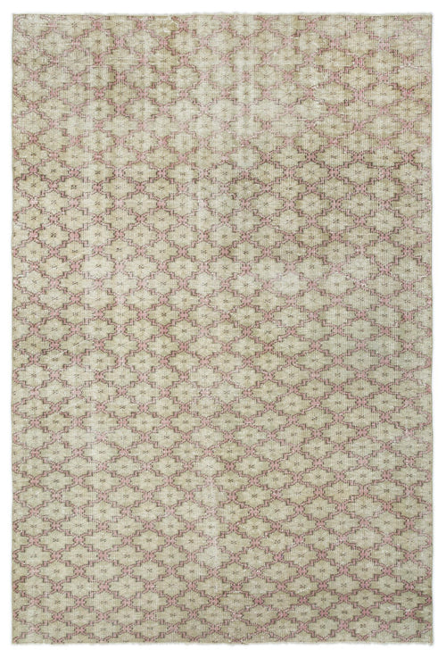 Load image 1 in gallery view. Beige and muted pink distressed rug with a repeating geometric diamond lattice pattern.