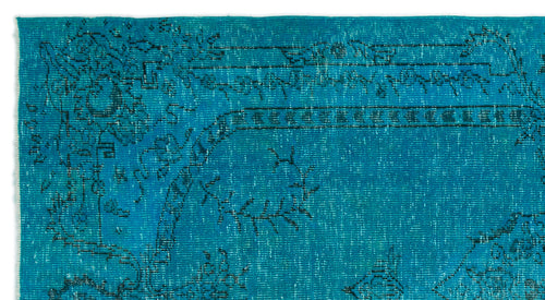Load image 1 in gallery view. Bright turquoise rug with a distressed black traditional floral and border pattern.