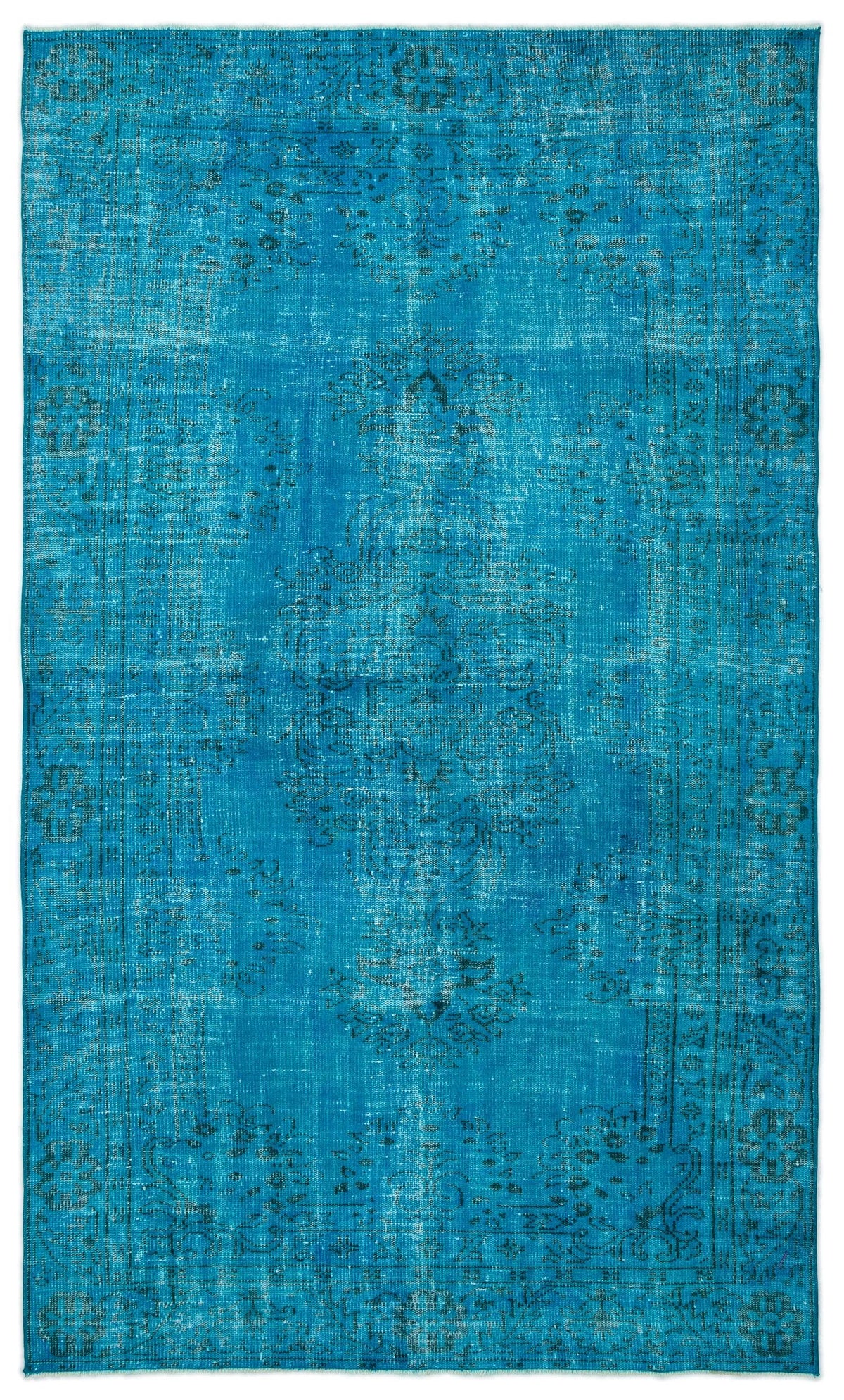 Bright turquoise distressed rug with a faded traditional central medallion and border pattern.