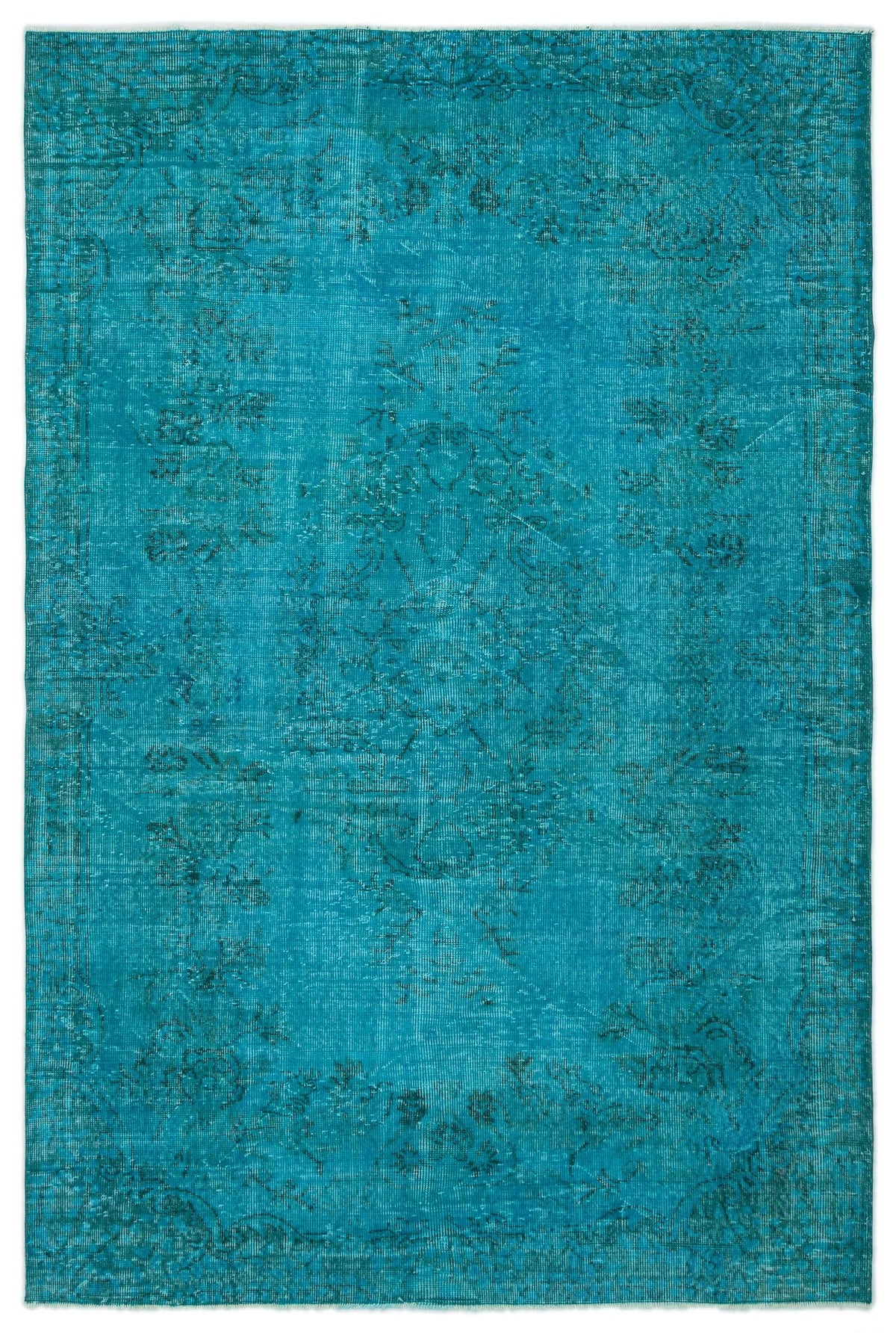 Teal distressed rug with a faded traditional floral medallion pattern and a decorative border.
