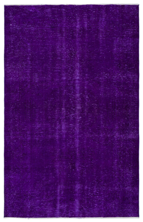 Load image 1 in gallery view. Deep purple vintage-style overdyed rug with a faint, distressed traditional medallion pattern.