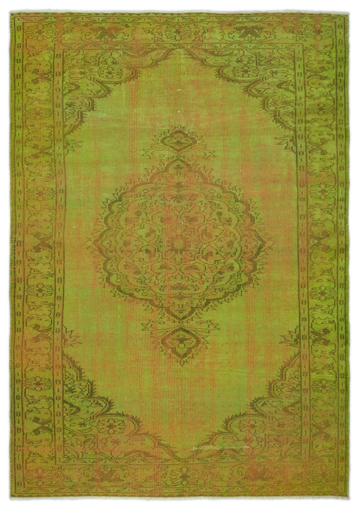Chartreuse and olive green vintage-style rug with a central medallion and ornate border on a white background.