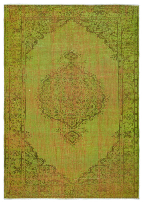 Load image 1 in gallery view. Chartreuse and olive green vintage-style rug with a central medallion and ornate border on a white background.