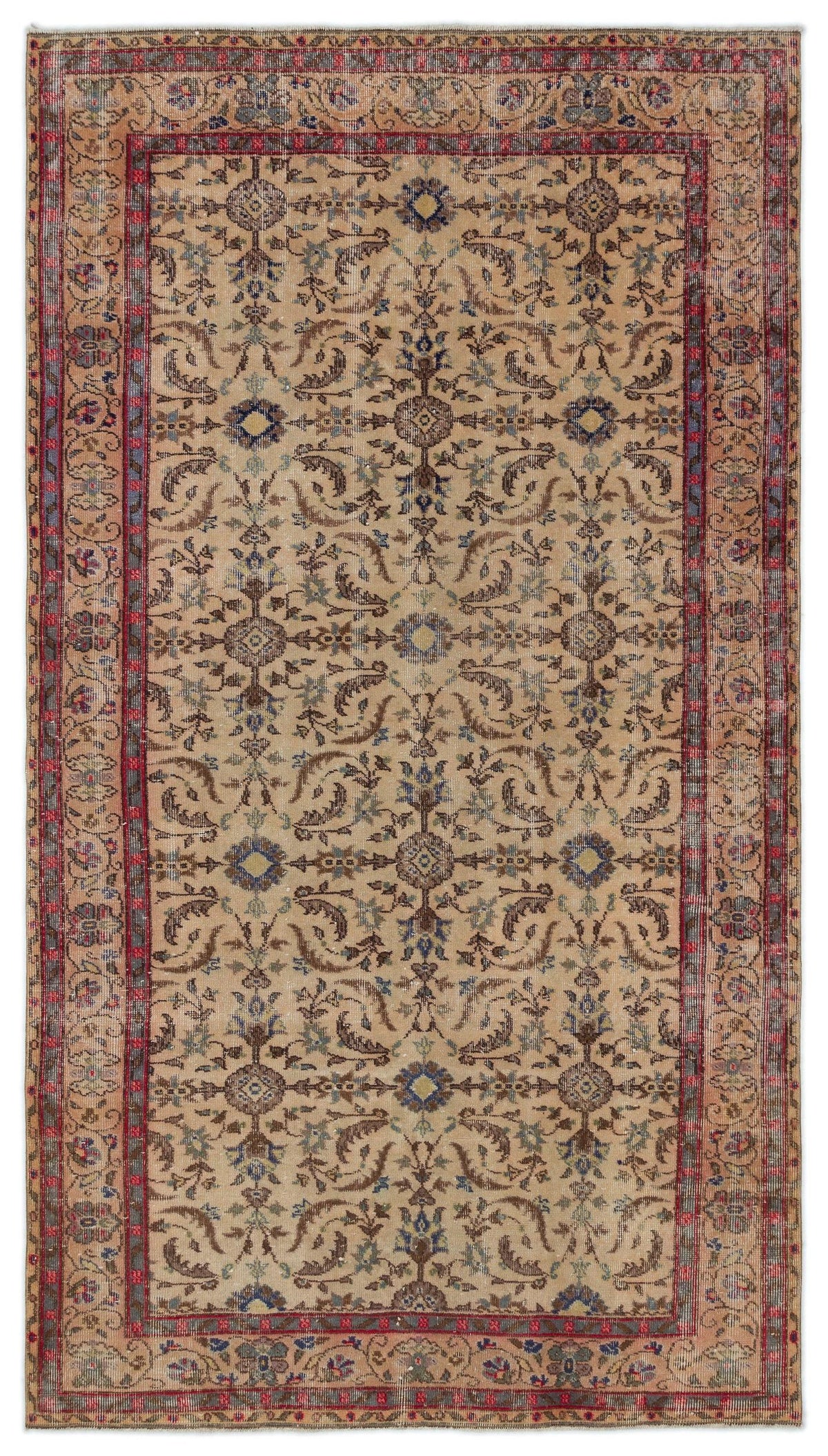 Beige traditional rug with a red border and intricate brown and blue floral medallion pattern.